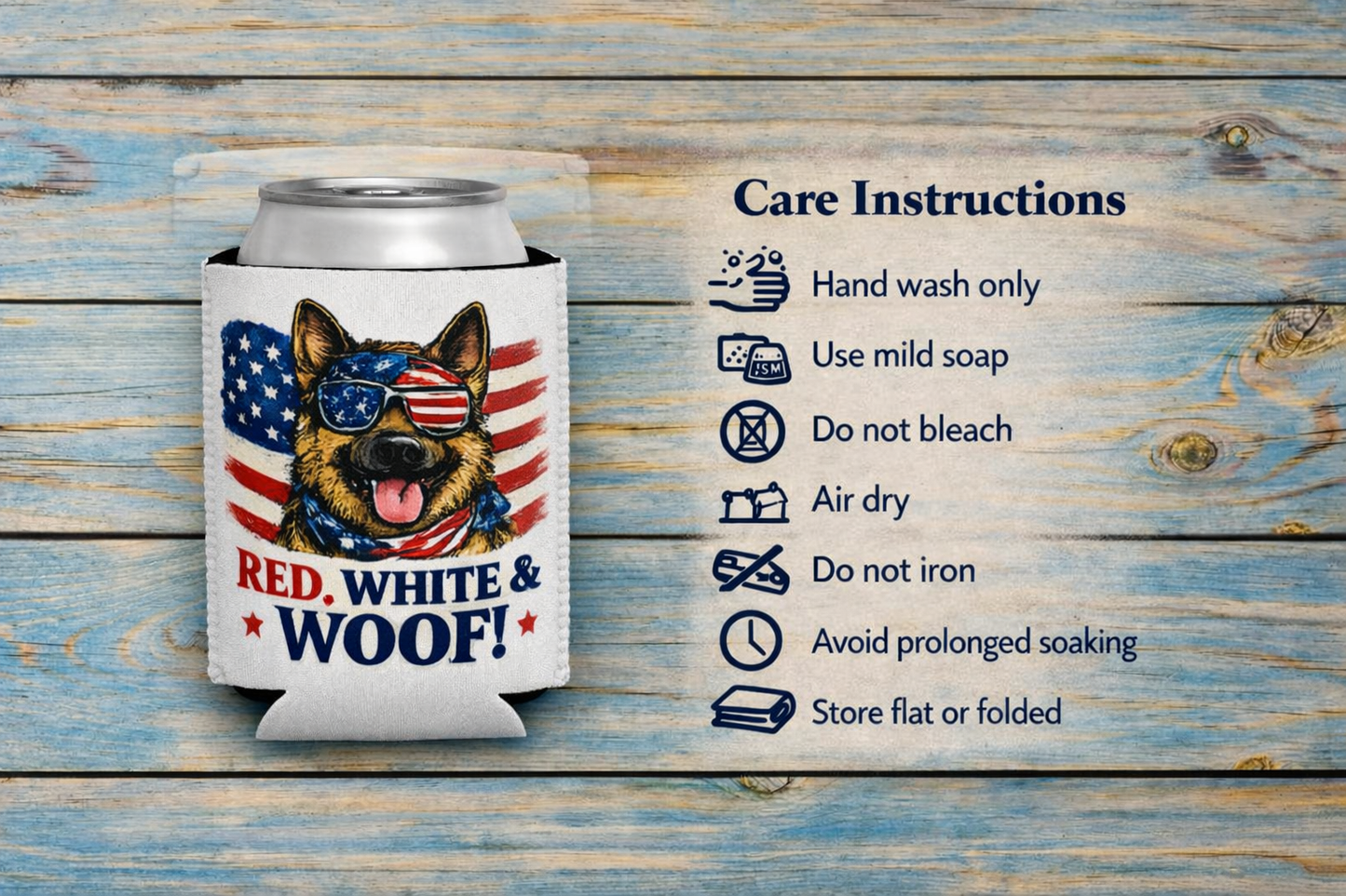 Red, White & Woof! German Shepherd Can Cooler Sleeve – Patriotic Dog Lover Beer Koozie | American Flag Fourth of July Drink Holder