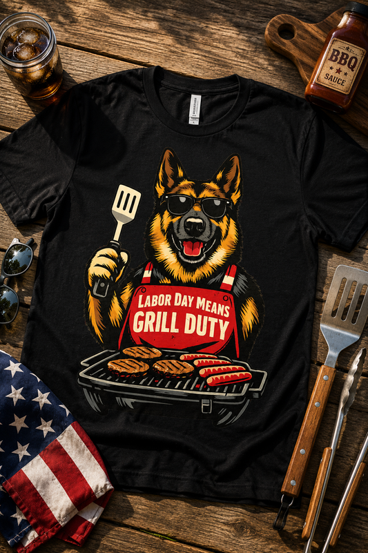 Labor Day Means Grill Duty German Shepherd Patriotic T-Shirt