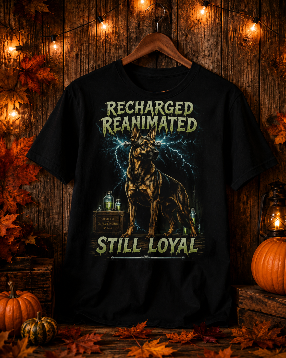 Frankenstein German Shepherd Shirt – Recharged Reanimated Still Loyal | Pickens Productions