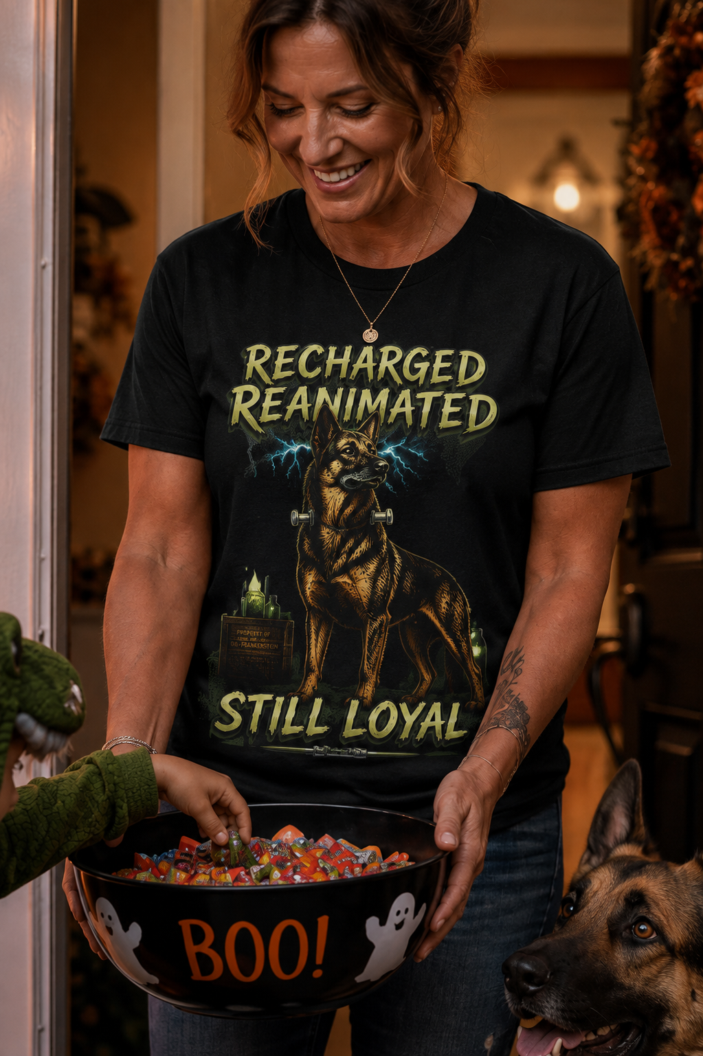 Frankenstein German Shepherd Shirt – Recharged Reanimated Still Loyal | Pickens Productions