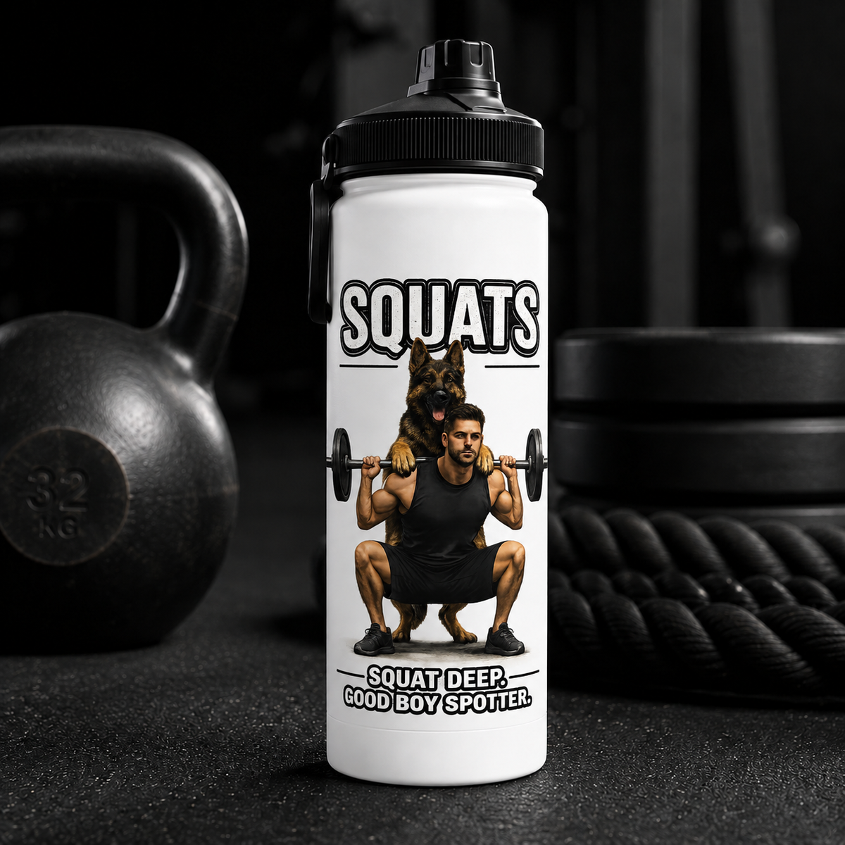 Squats Stainless Steel Water Bottle | Good Boy Spotter | Fitness Tee