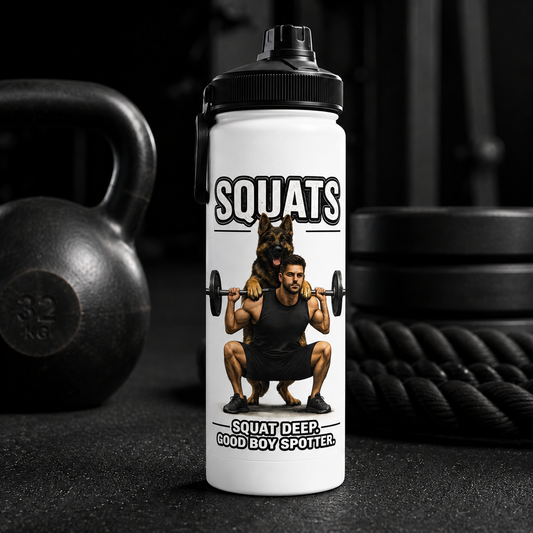 Squats Stainless Steel Water Bottle | Good Boy Spotter | Fitness Tee