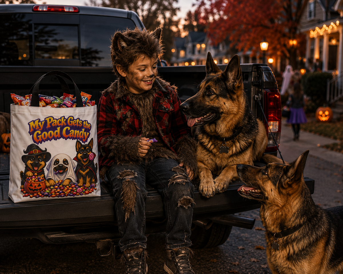 German Shepherd My Pack Gets the Good Candy Halloween Trick or Treat Tote Bag