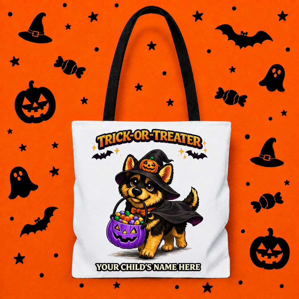 Personalized German Shepherd Halloween Trick or Treat Tote Bag, Purple Pumpkin Custom Kids Candy Bag