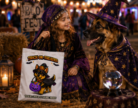 Personalized German Shepherd Halloween Trick or Treat Tote Bag, Purple Pumpkin Custom Kids Candy Bag