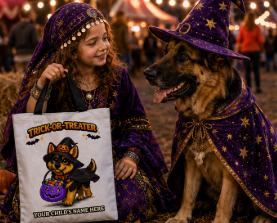 Personalized German Shepherd Halloween Trick or Treat Tote Bag, Purple Pumpkin Custom Kids Candy Bag