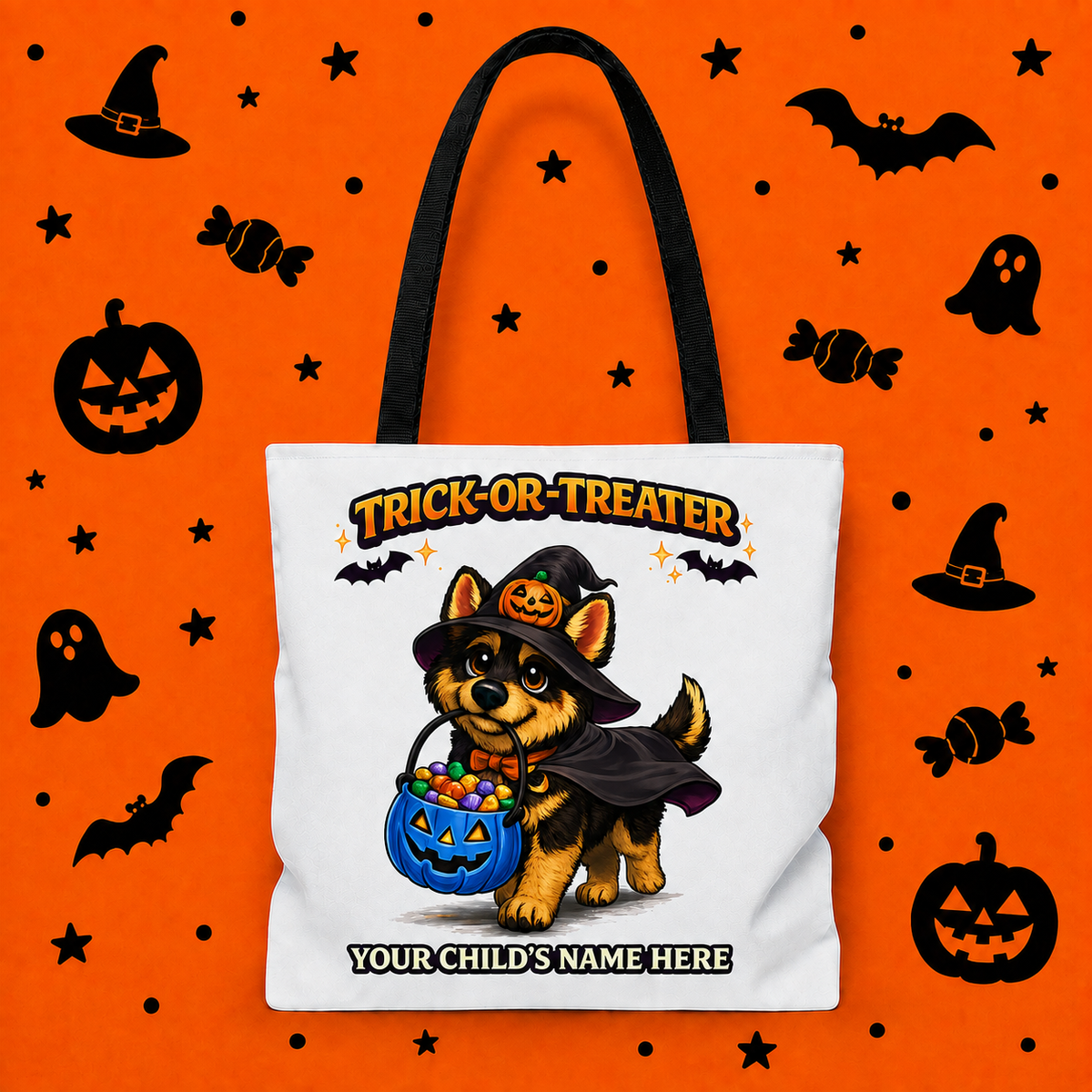 Personalized German Shepherd Halloween Trick or Treat Tote Bag, Blue Pumpkin Custom Kids Candy Bag