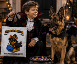 Personalized German Shepherd Halloween Trick or Treat Tote Bag, Blue Pumpkin Custom Kids Candy Bag