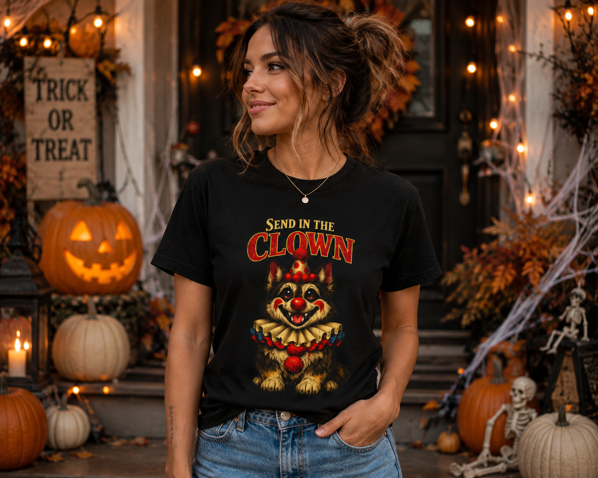 Send in the Clown German Shepherd Halloween T-Shirt – Funny Creepy Cute GSD Dog Lover Graphic Tee