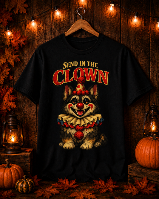 Send in the Clown German Shepherd Halloween T-Shirt – Funny Creepy Cute GSD Dog Lover Graphic Tee