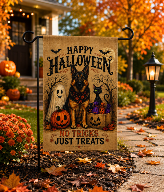 German Shepherd Halloween Garden Flag – No Tricks, Just Treats