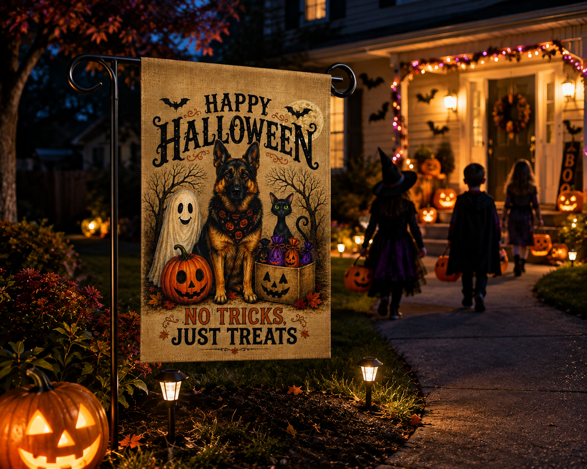 German Shepherd Halloween Garden Flag – No Tricks, Just Treats