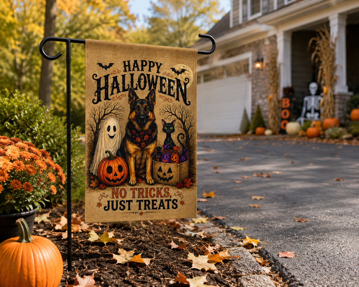 German Shepherd Halloween Garden Flag – No Tricks, Just Treats