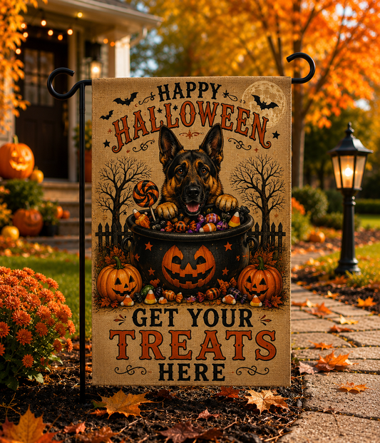 Get Your Treats Here German Shepherd Halloween Garden Flag