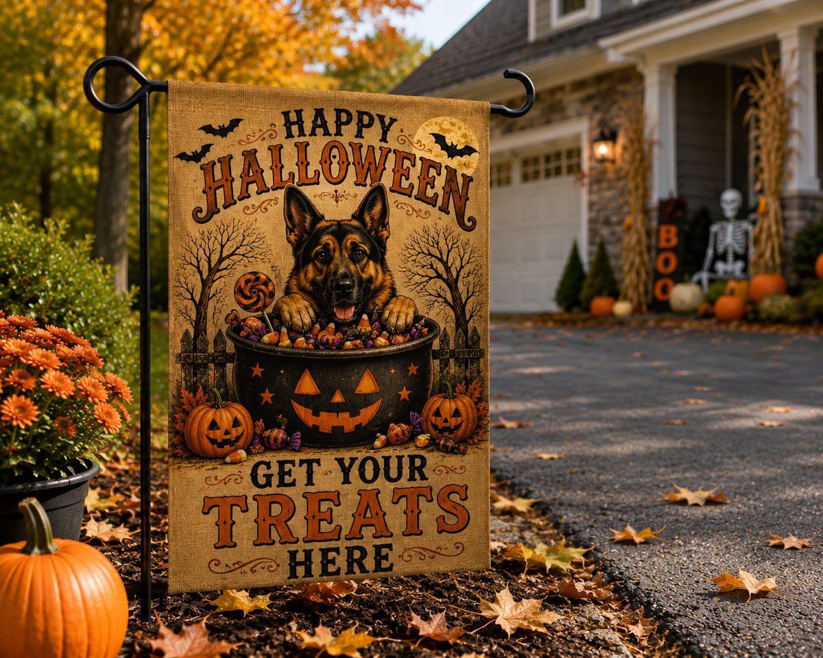Get Your Treats Here German Shepherd Halloween Garden Flag