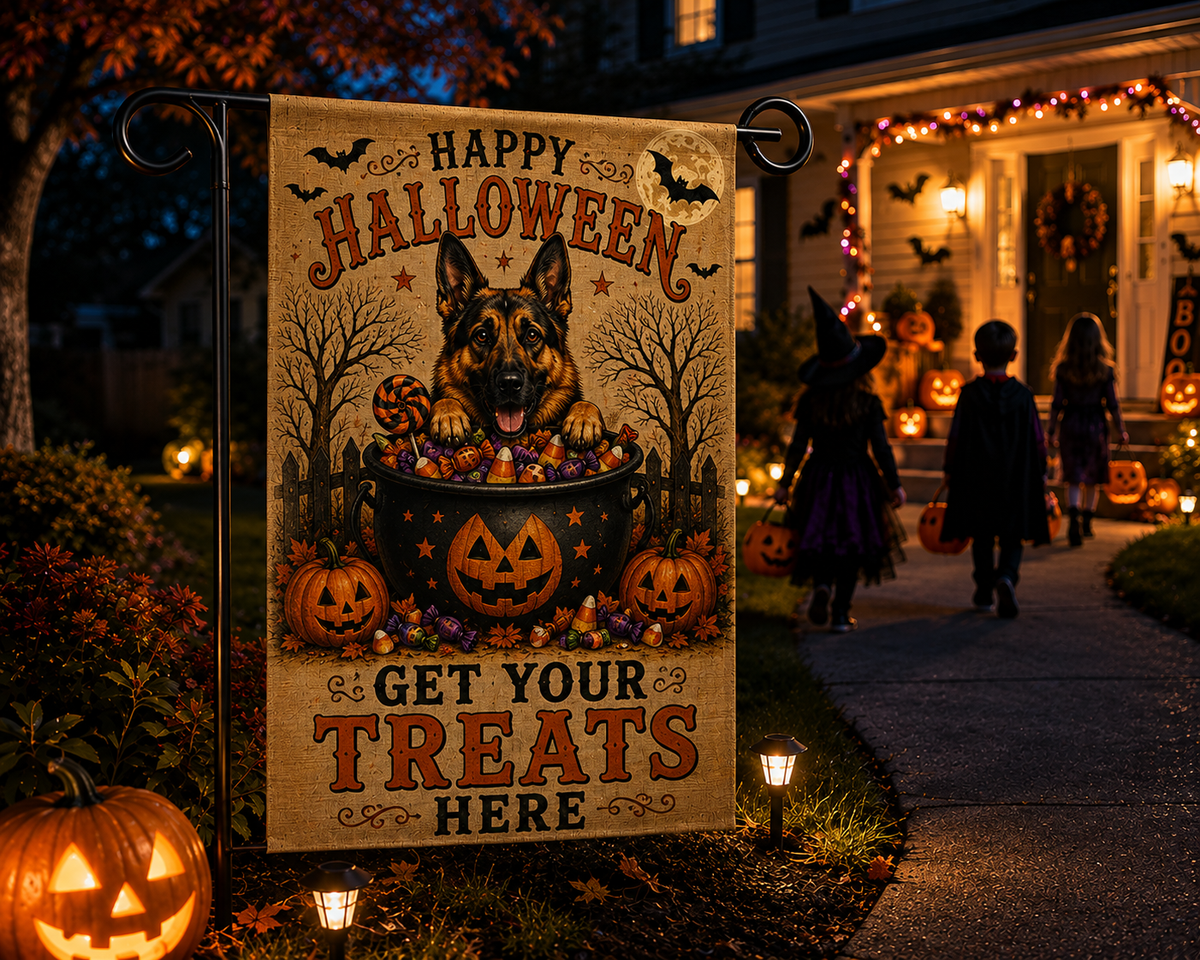 Get Your Treats Here German Shepherd Halloween Garden Flag