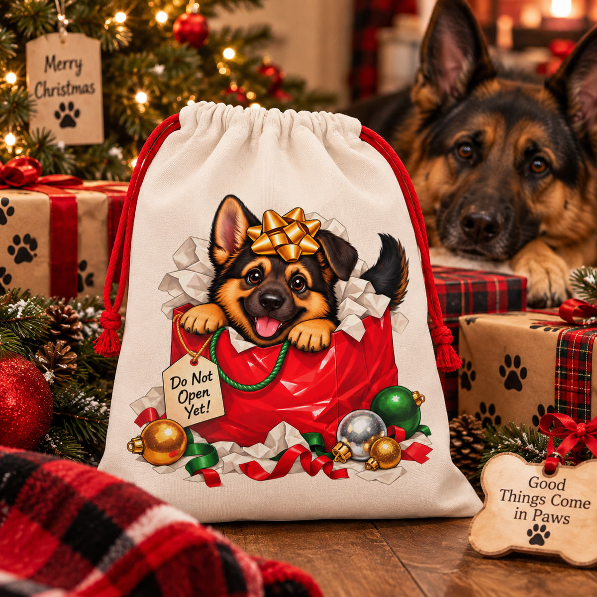 German Shepherd Christmas Gift Bag – Reusable Holiday Drawstring Bag