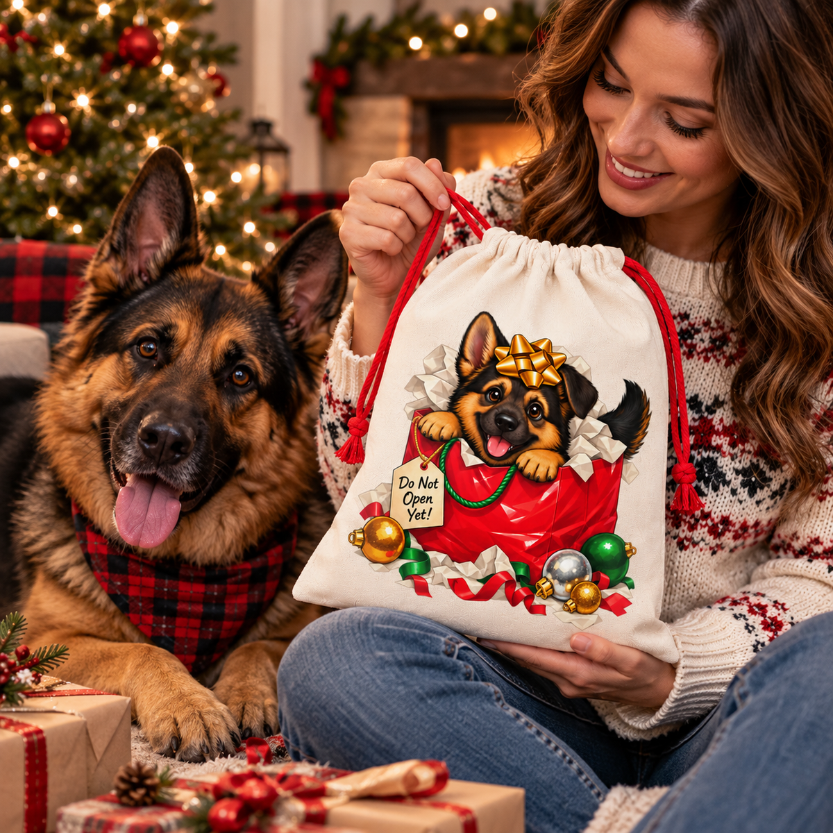 German Shepherd Christmas Gift Bag – Reusable Holiday Drawstring Bag