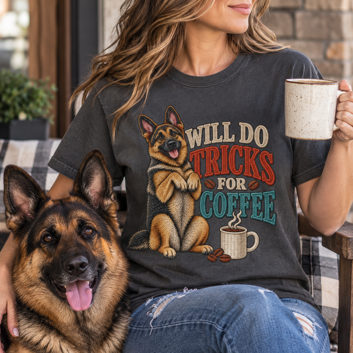 German Shepherd Will Do Tricks for Coffee T-Shirt – Funny GSD Coffee Lover Gift