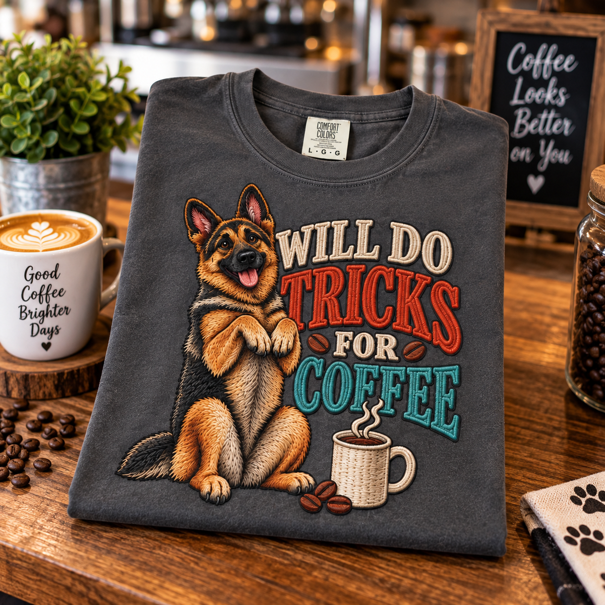 German Shepherd Will Do Tricks for Coffee T-Shirt – Funny GSD Coffee Lover Gift