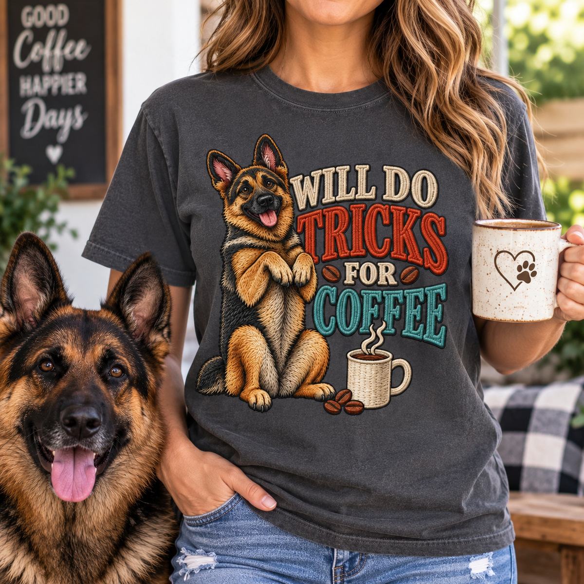 German Shepherd Will Do Tricks for Coffee T-Shirt – Funny GSD Coffee Lover Gift