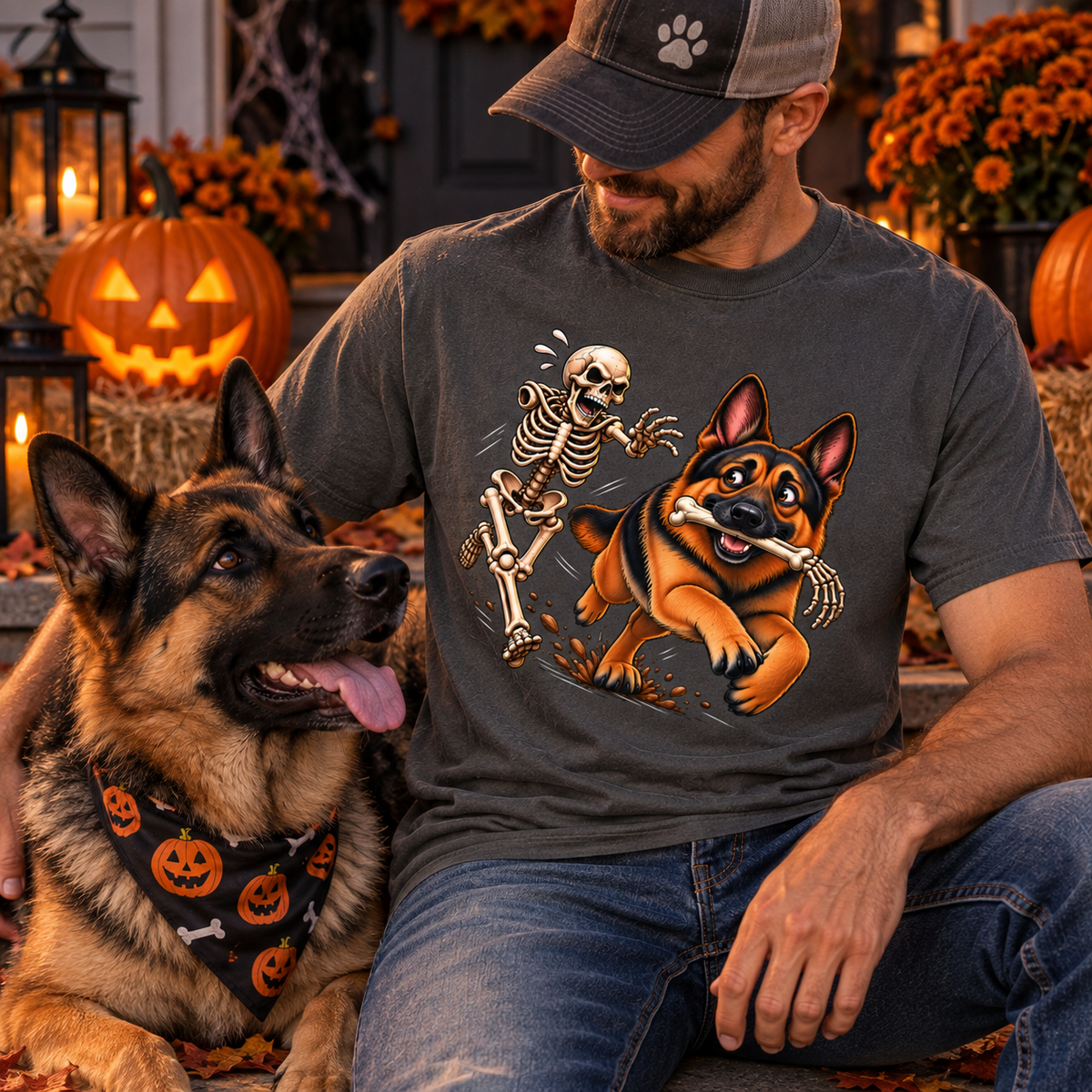 German Shepherd Skeleton Bone Chase T-Shirt – Funny Halloween GSD Shirt