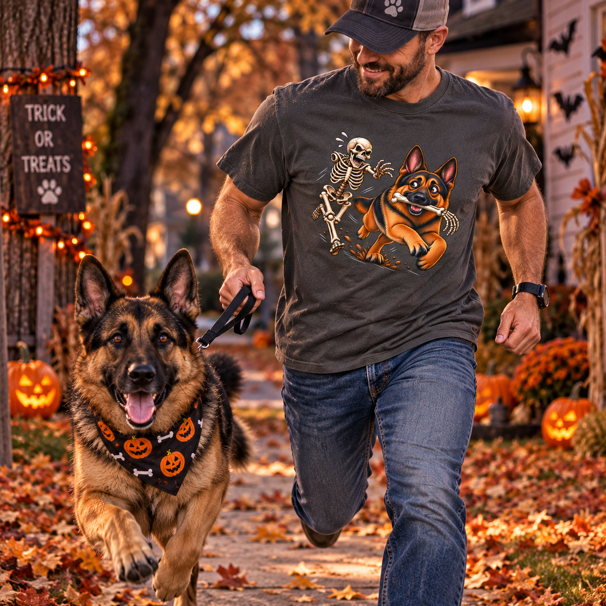German Shepherd Skeleton Bone Chase T-Shirt – Funny Halloween GSD Shirt
