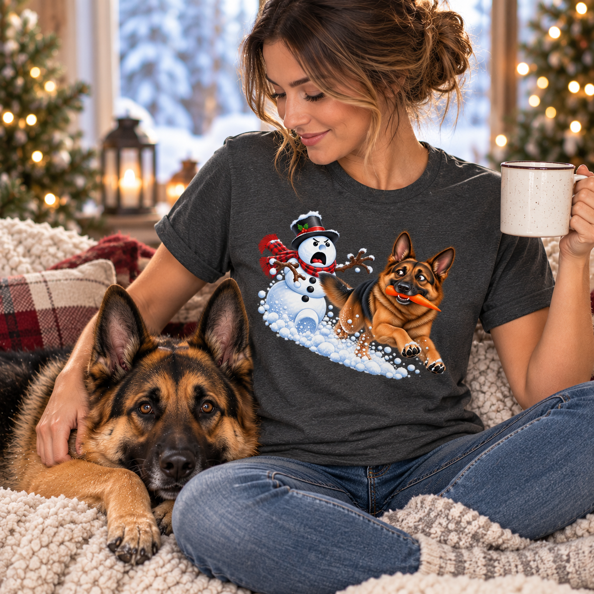 German Shepherd Snowman Carrot Chase T-Shirt – Funny Christmas GSD Shirt