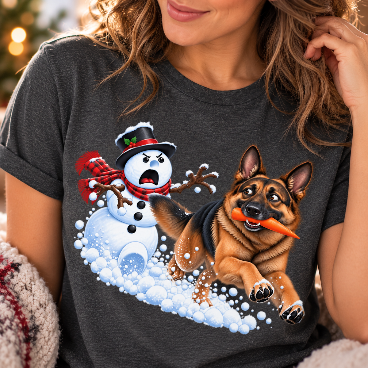 German Shepherd Snowman Carrot Chase T-Shirt – Funny Christmas GSD Shirt