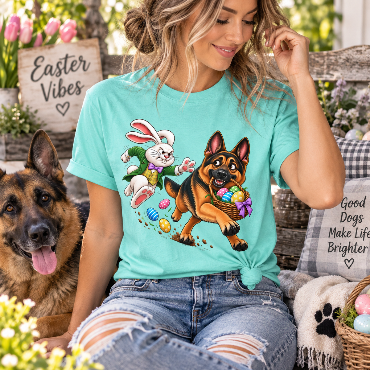 German Shepherd Easter Shirt – Funny Bunny Chase GSD T-Shirt