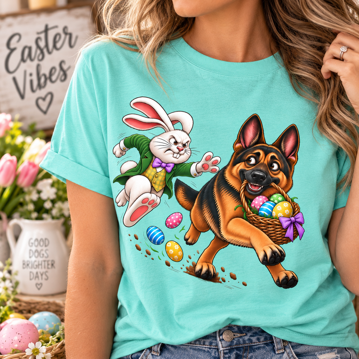 German Shepherd Easter Shirt – Funny Bunny Chase GSD T-Shirt