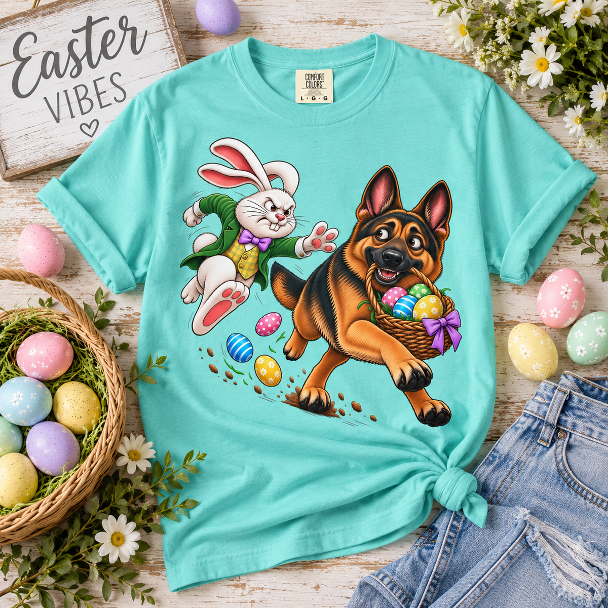 German Shepherd Easter Shirt – Funny Bunny Chase GSD T-Shirt