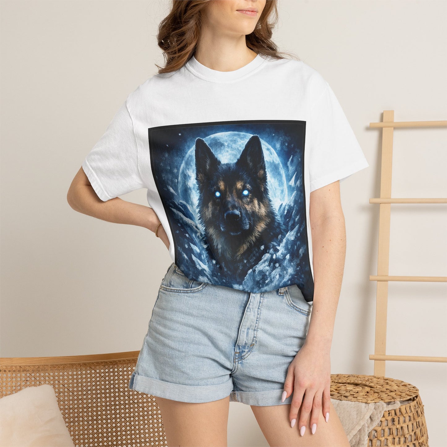 Mystic German Shepherd Moon T-shirt | Glowing Blue German Shepherd Portrait