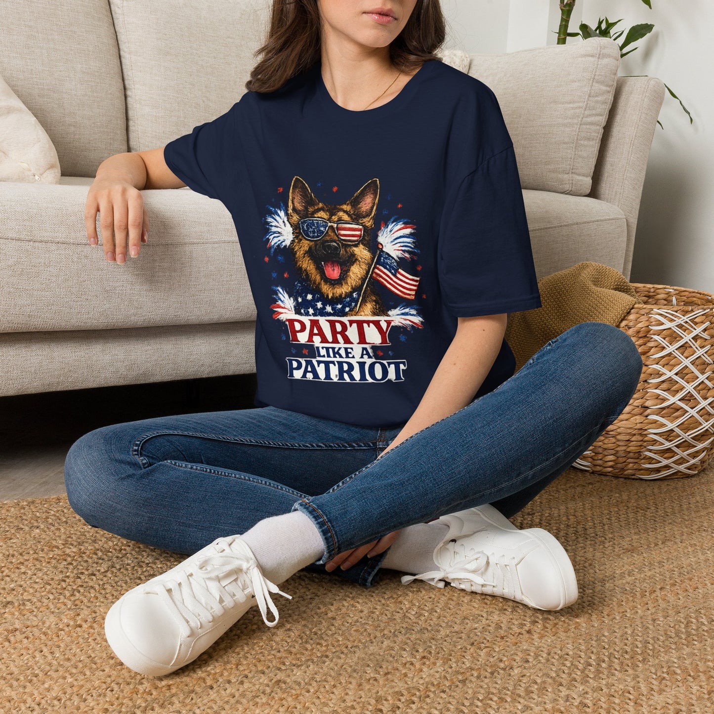 Patriotic German Shepherd Graphic T-Shirt | American Flag Sunglasses, Fireworks