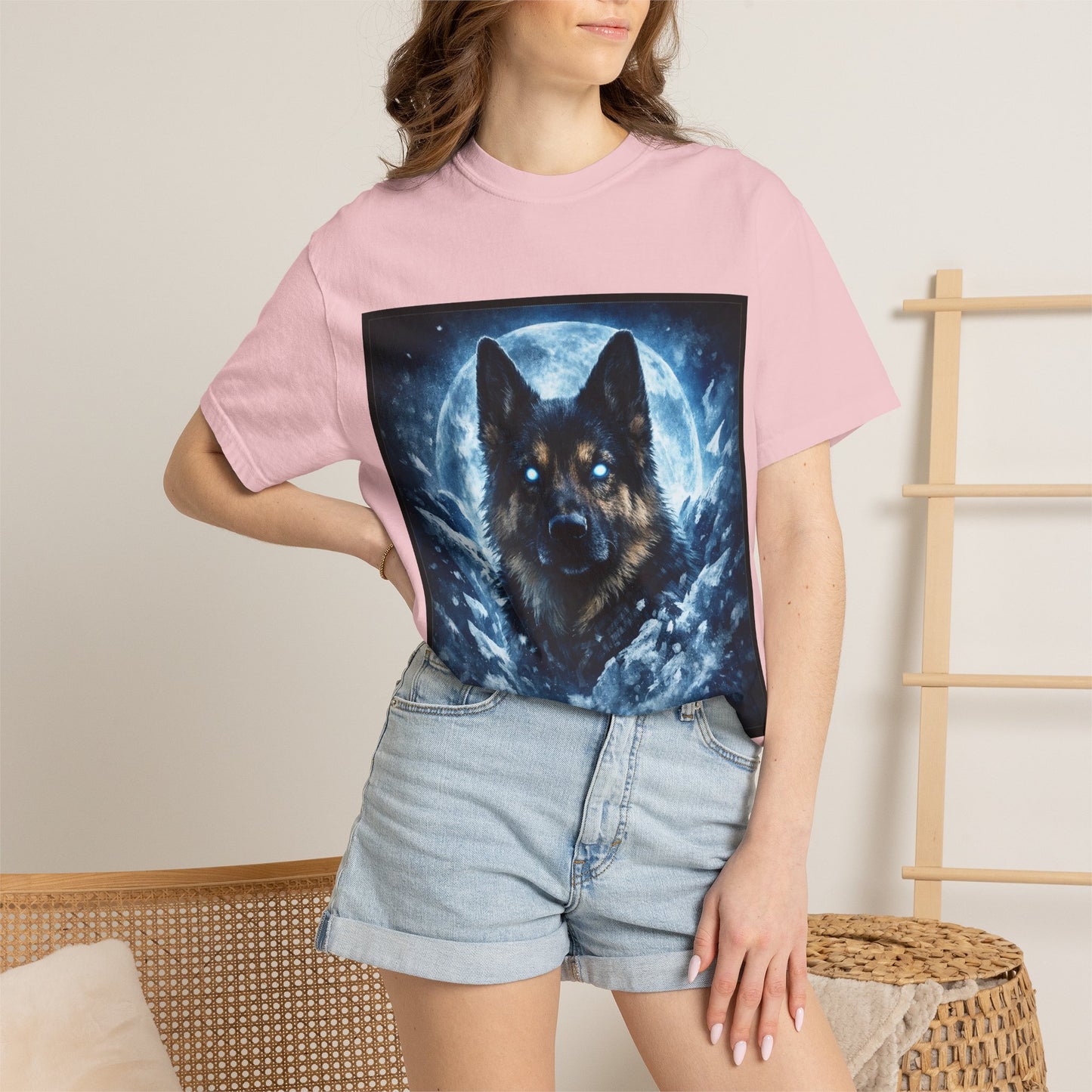 Mystic German Shepherd Moon T-shirt | Glowing Blue German Shepherd Portrait