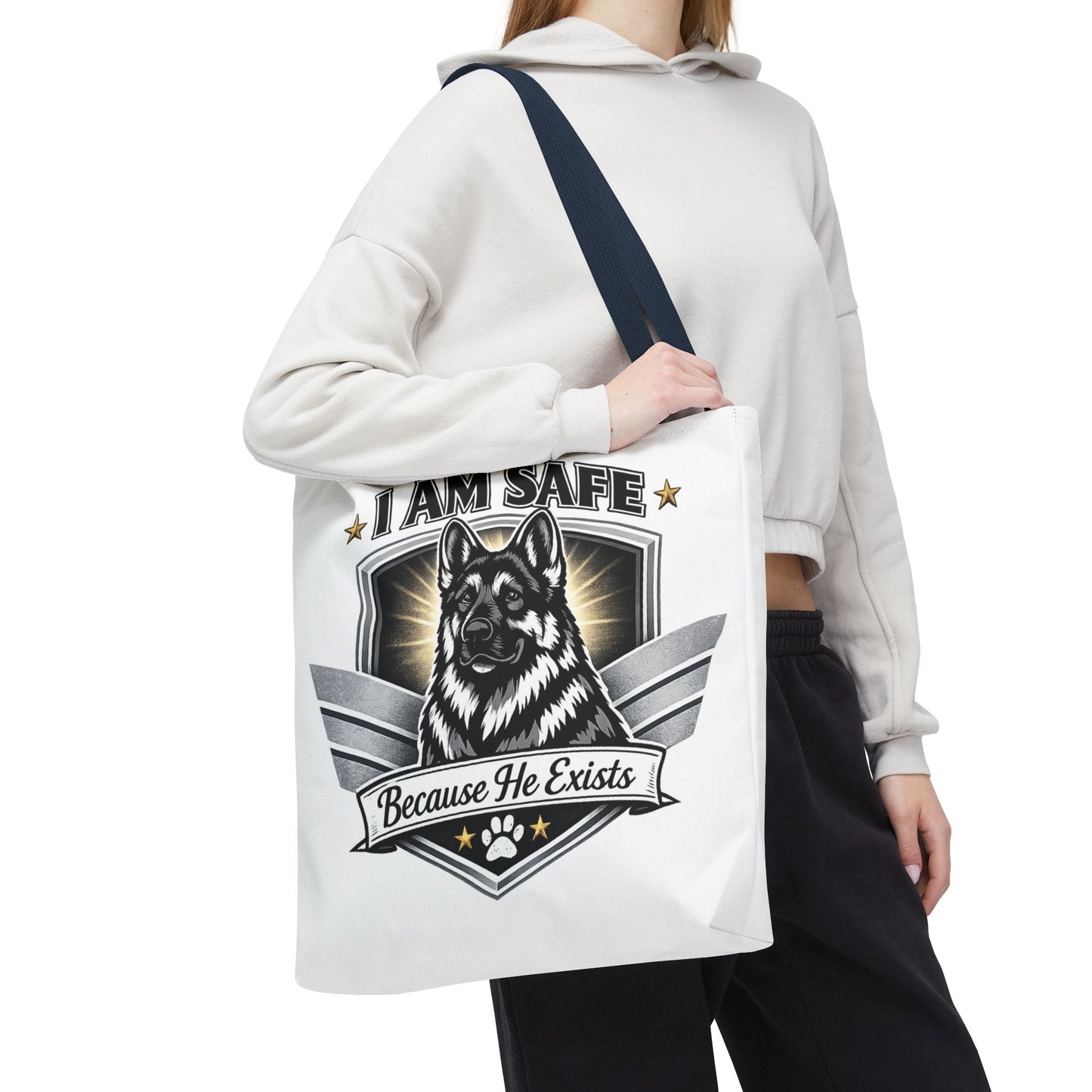 I Am Safe Because He Exists German Shepherd Tote Bag — K9 Protector Dog Lover Gift