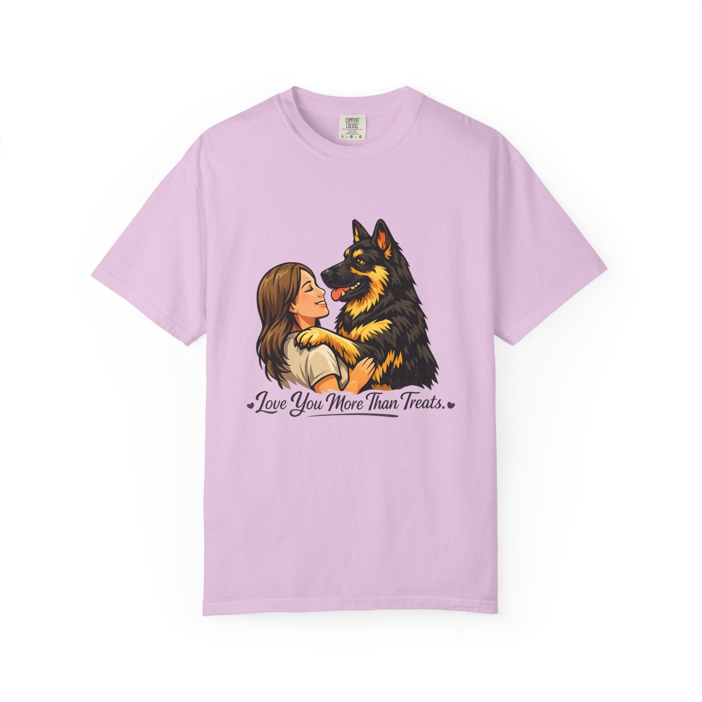 I Love You More Than Treats T-shirt | Girl Hugging German Shepherd Dog