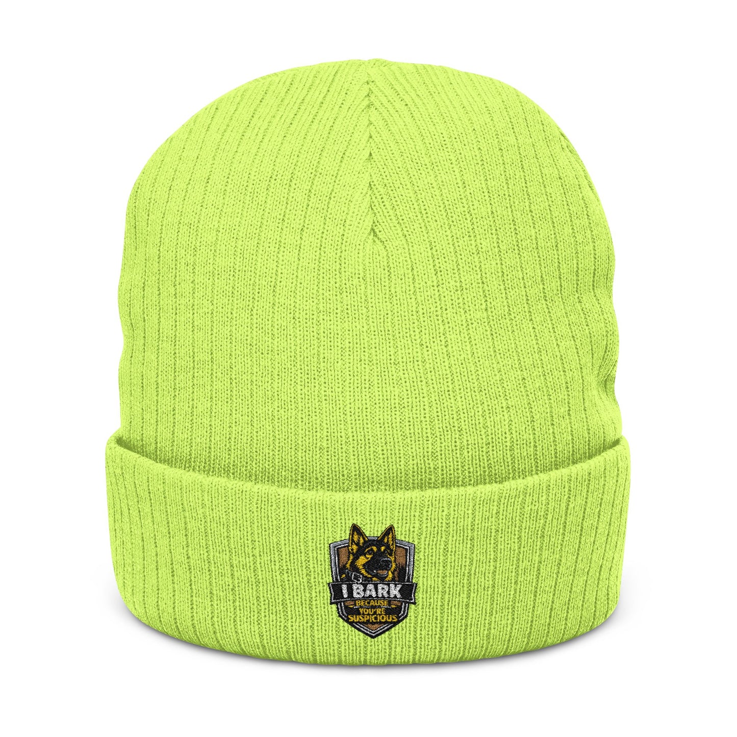Embroidered Ribbed Knit Beanie — Vintage Crest Patch Winter Hat
