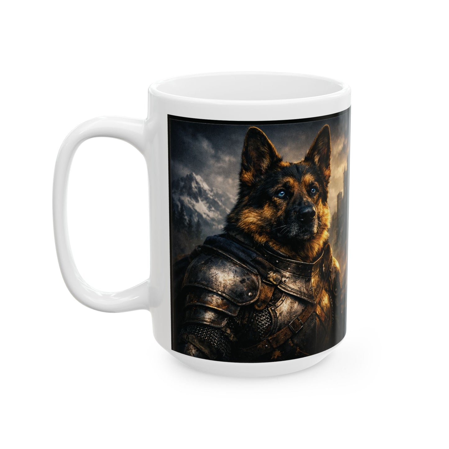 Armored German Shepherd Mug | Medieval Knight Dog Portrait