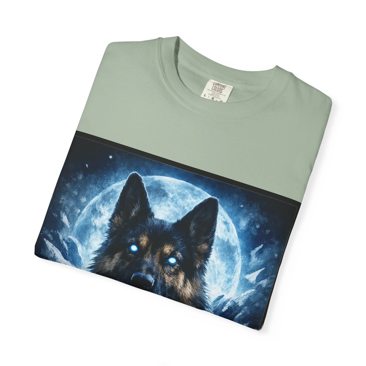 Mystic German Shepherd Moon T-shirt | Glowing Blue German Shepherd Portrait
