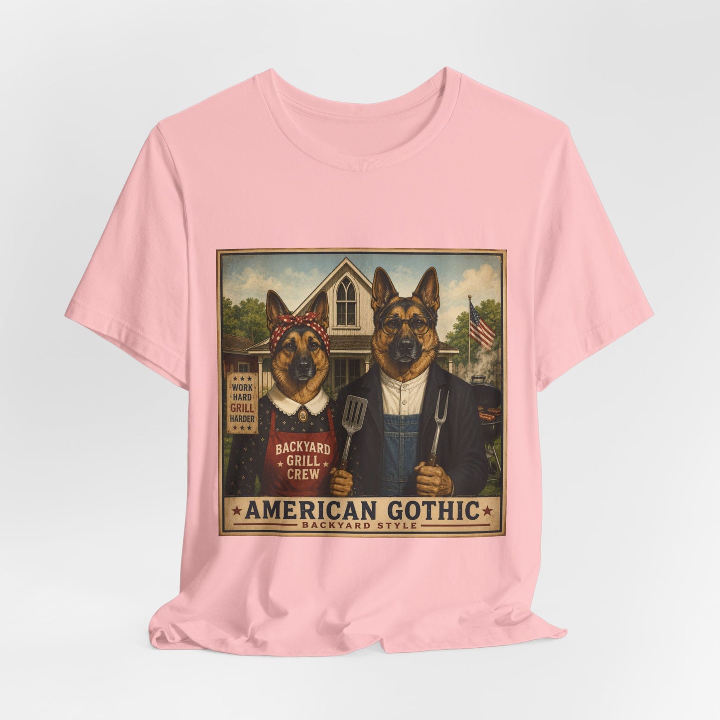 American Gothic – Backyard Style | German Shepherd BBQ T-Shirt