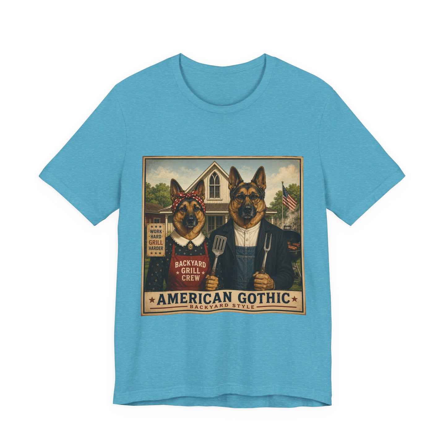 American Gothic – Backyard Style | German Shepherd BBQ T-Shirt