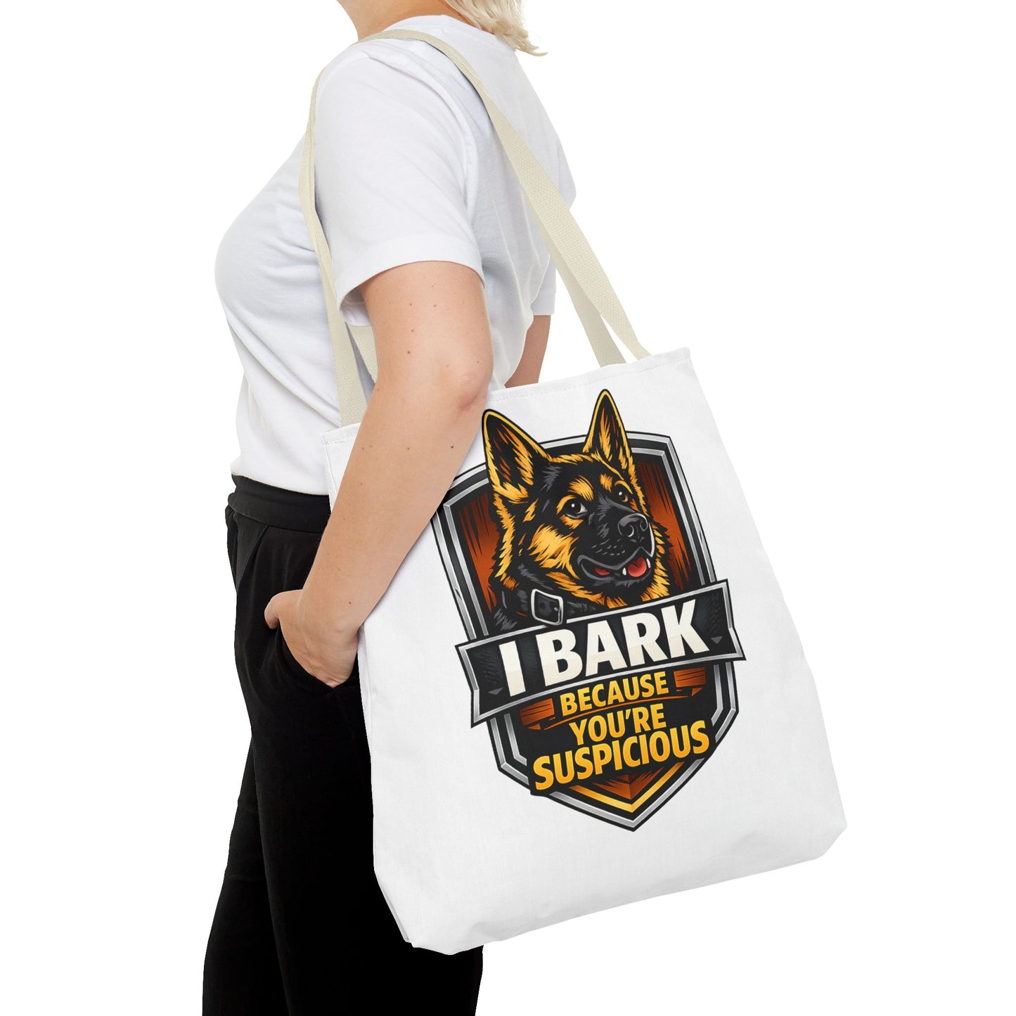 Dog Lover Tote Bag — "I Bark Because You're Suspicious" German Shepherd Tote