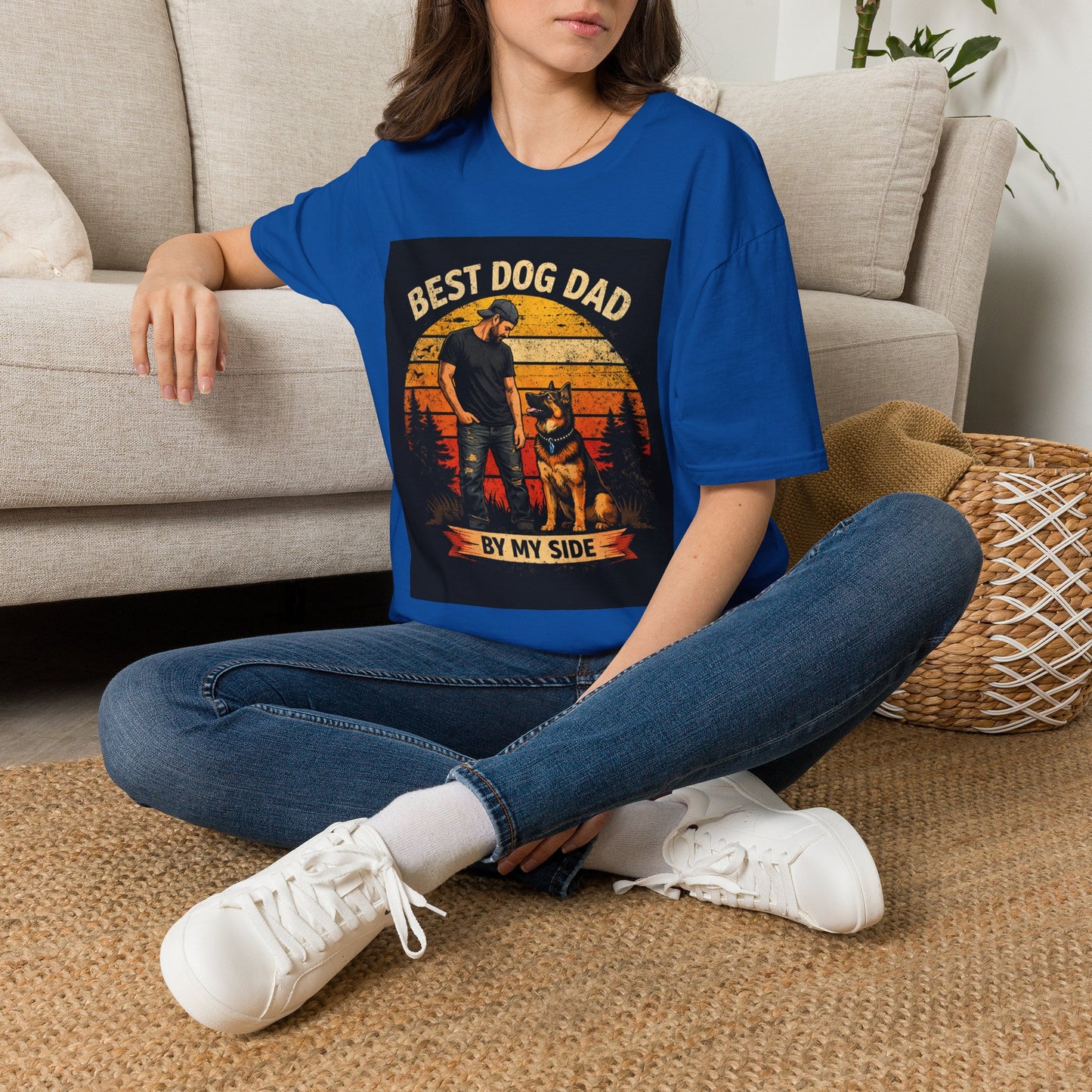 Best Dog Dad T-Shirt | Retro Sunset Dog Dad By My Side Design