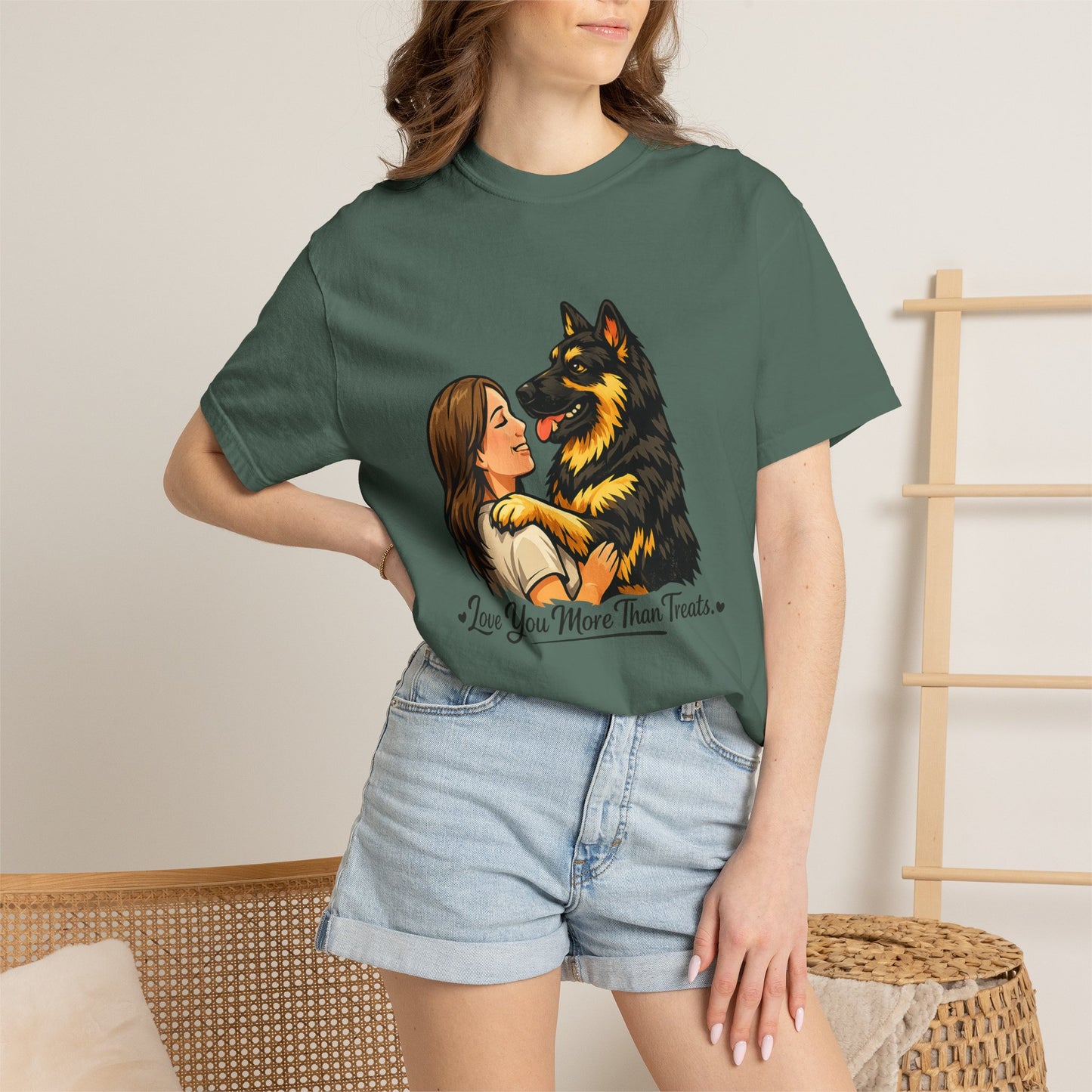 I Love You More Than Treats T-shirt | Girl Hugging German Shepherd Dog