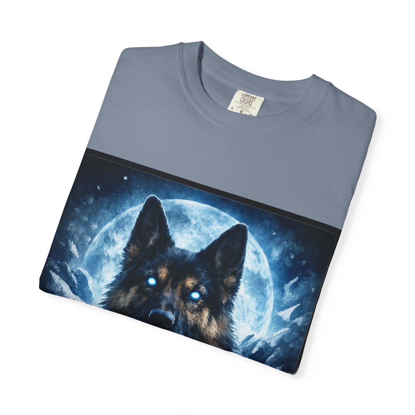 Mystic German Shepherd Moon T-shirt | Glowing Blue German Shepherd Portrait