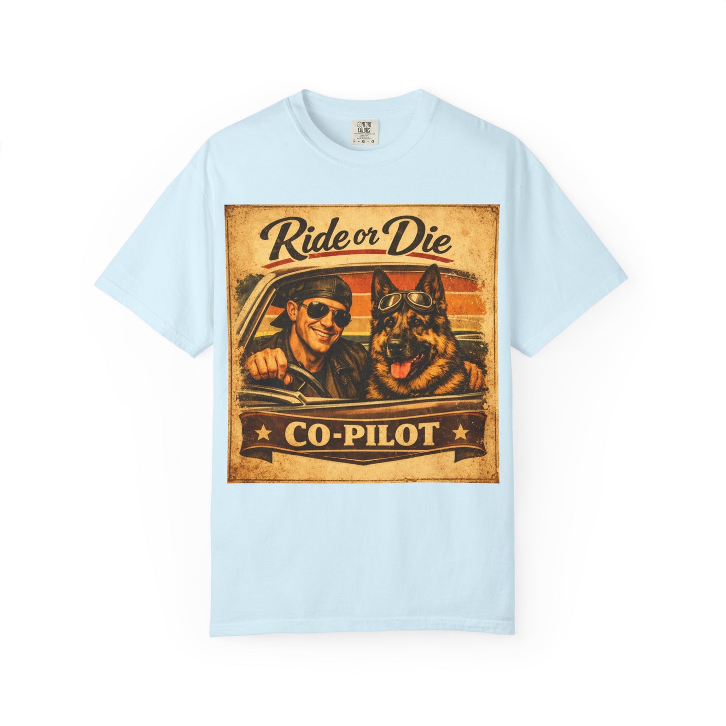 Ride or Die Co-Pilot T-shirt | Retro Driver and German Shepherd Design