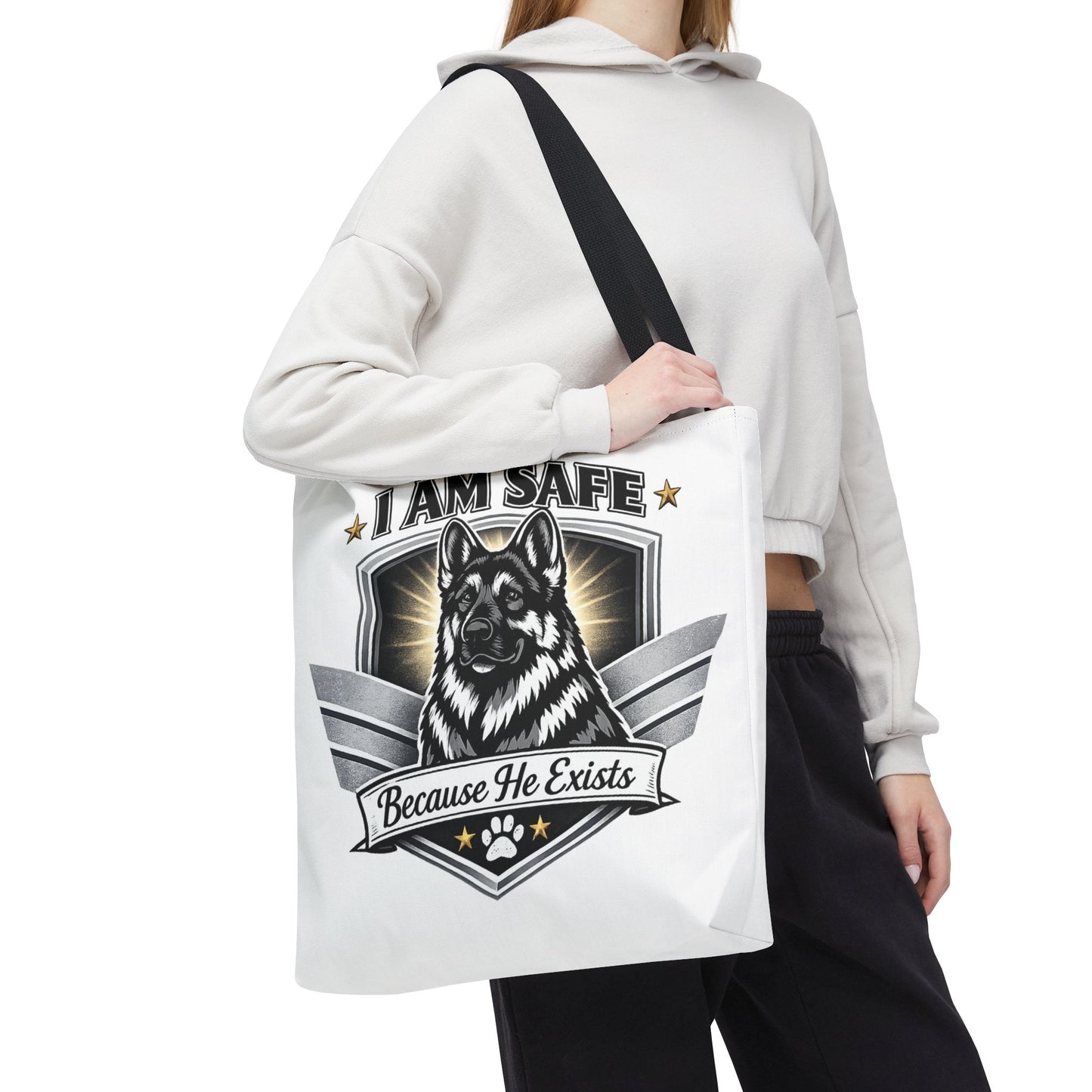 I Am Safe Because He Exists German Shepherd Tote Bag — K9 Protector Dog Lover Gift