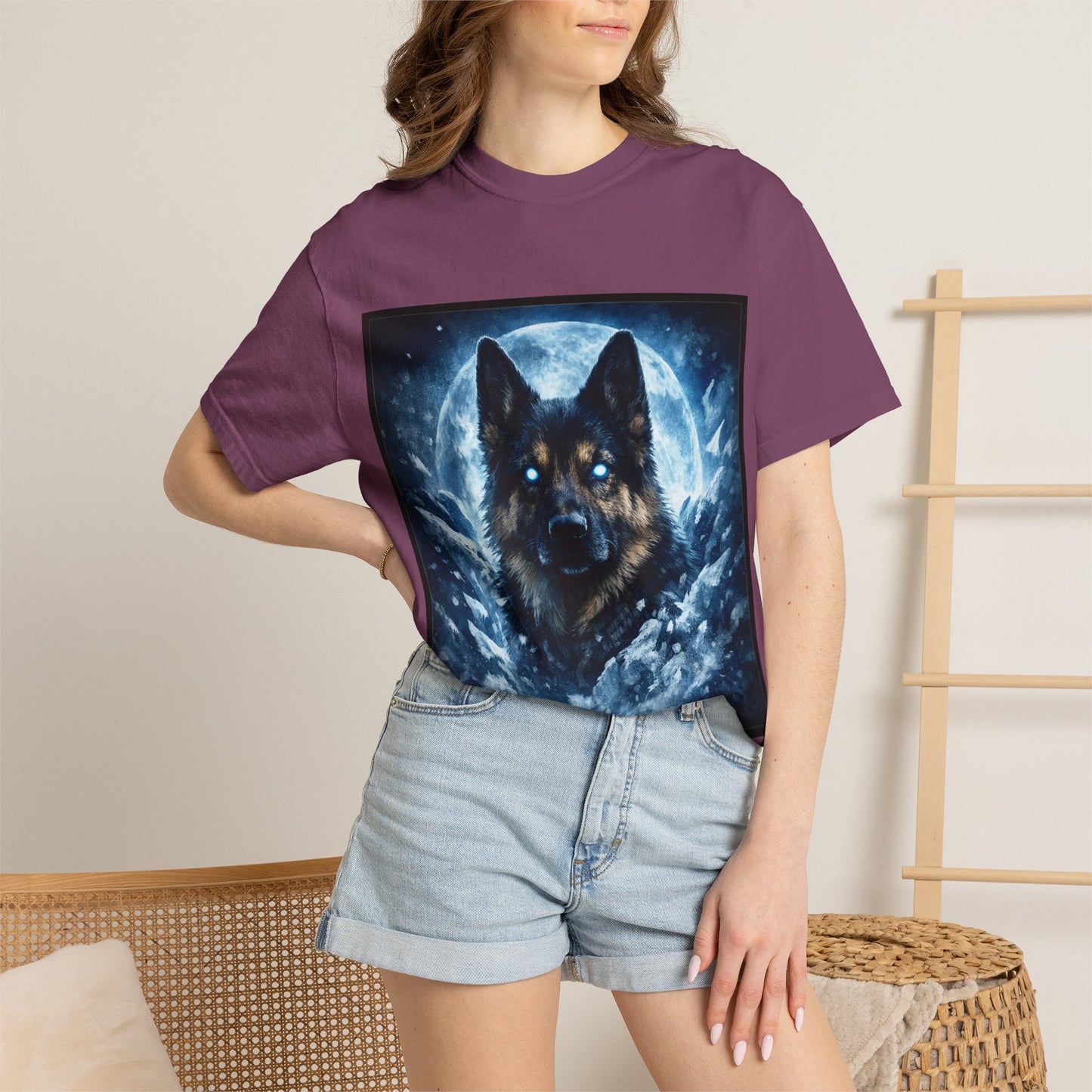 Mystic German Shepherd Moon T-shirt | Glowing Blue German Shepherd Portrait