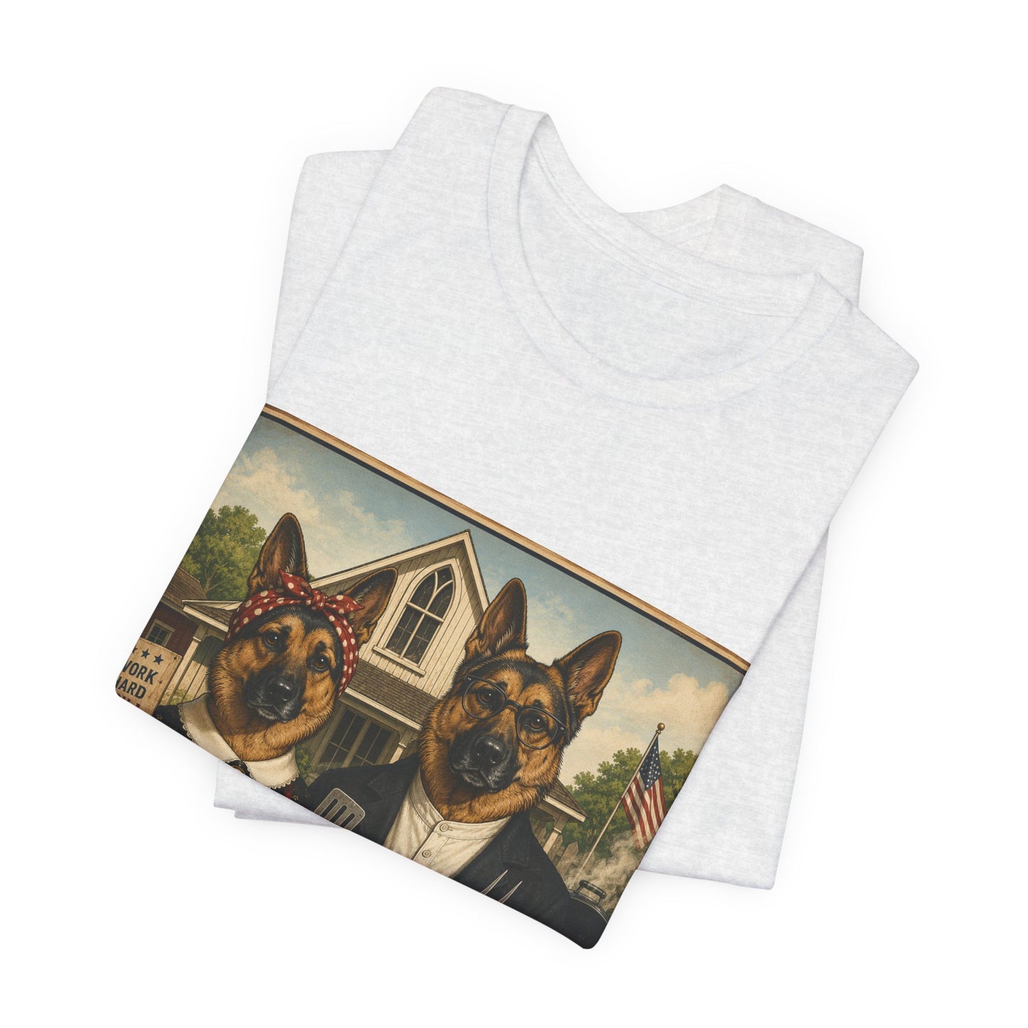 American Gothic – Backyard Style | German Shepherd BBQ T-Shirt